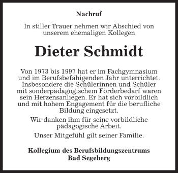 Traueranzeige von Dieter Schmidt von Kieler Nachrichten