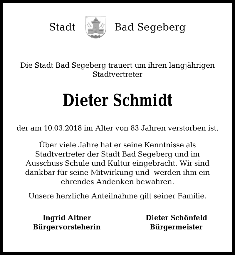  Traueranzeige für Dieter Schmidt vom 28.03.2018 aus Kieler Nachrichten