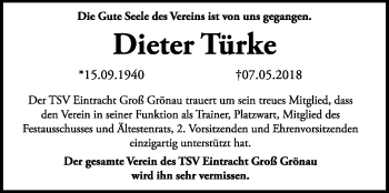 Traueranzeige von Dieter Türke von Lübecker Nachrichten