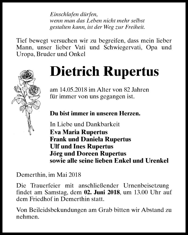  Traueranzeige für Dietrich Rupertus vom 19.05.2018 aus Märkischen Allgemeine Zeitung