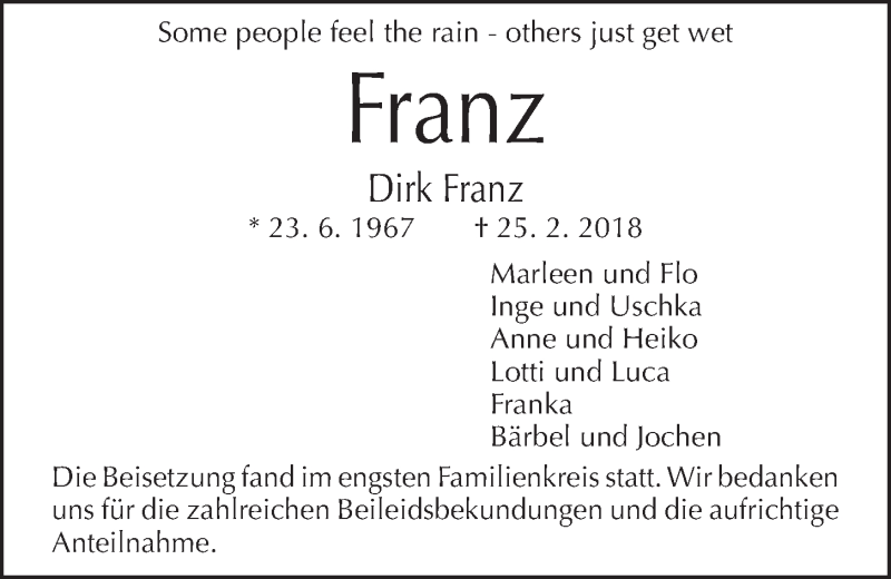  Traueranzeige für Dirk Franz vom 24.03.2018 aus Kieler Nachrichten