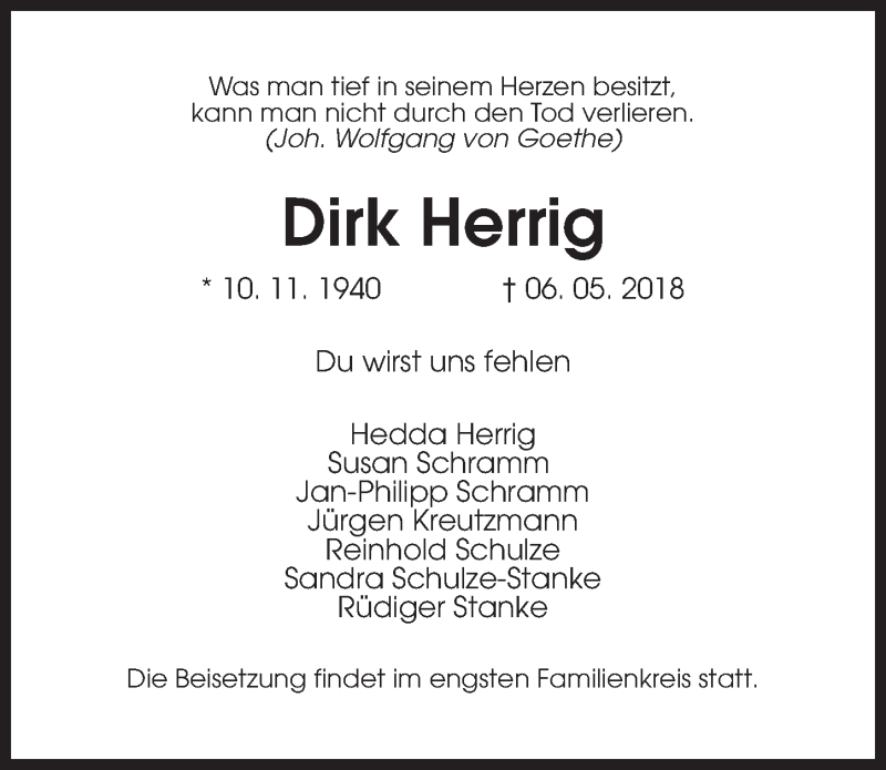  Traueranzeige für Dirk Herrig vom 12.05.2018 aus Hannoversche Allgemeine Zeitung/Neue Presse