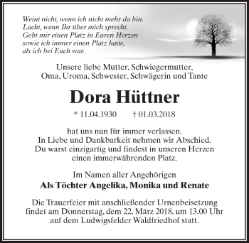 Traueranzeige von Dora Hüttner von Märkischen Allgemeine Zeitung
