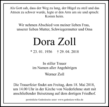 Traueranzeige von Dora Zoll von Märkischen Allgemeine Zeitung