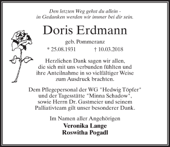 Traueranzeige von Doris Erdmann von Märkischen Allgemeine Zeitung