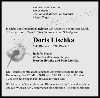 Traueranzeige von Doris Lischka von Märkischen Allgemeine Zeitung