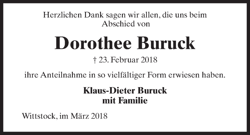  Traueranzeige für Dorothee Buruck vom 24.03.2018 aus Märkischen Allgemeine Zeitung