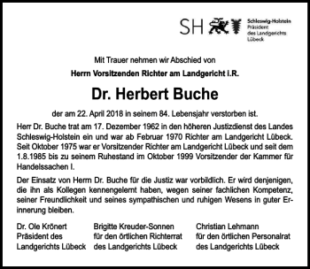 Traueranzeige von Dr. Herbert Buche von Lübecker Nachrichten