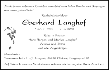 Traueranzeige von Eberhard Langhof von Kieler Nachrichten