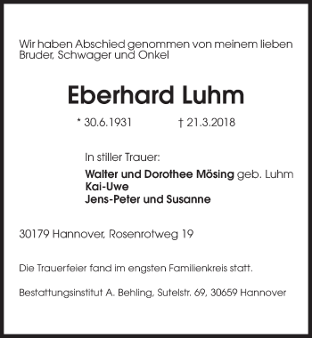 Traueranzeige von Eberhard Luhm von Hannoversche Allgemeine Zeitung/Neue Presse