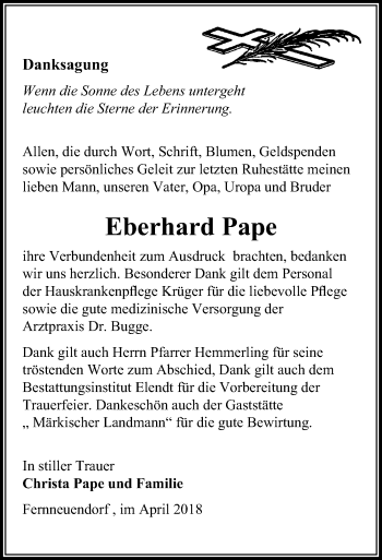 Traueranzeige von Eberhard Pape von Märkischen Allgemeine Zeitung