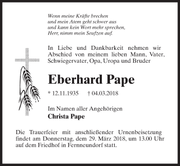 Traueranzeige von Eberhard Pape von Märkischen Allgemeine Zeitung