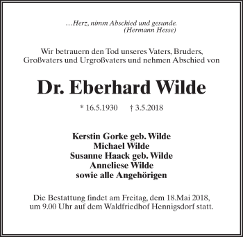 Traueranzeige von Eberhard Wilde von Märkischen Allgemeine Zeitung