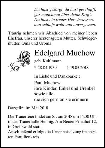 Traueranzeige von Edelgard Muchow von Ostsee-Zeitung GmbH