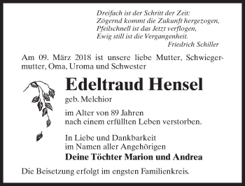 Traueranzeige von Edeltraud Hensel von Märkischen Allgemeine Zeitung