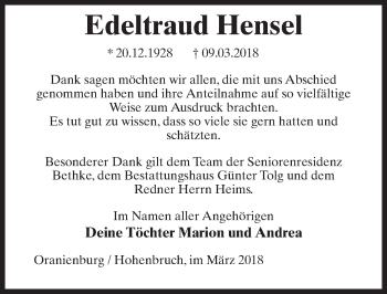 Traueranzeige von Edeltraud Hensel von Märkischen Allgemeine Zeitung