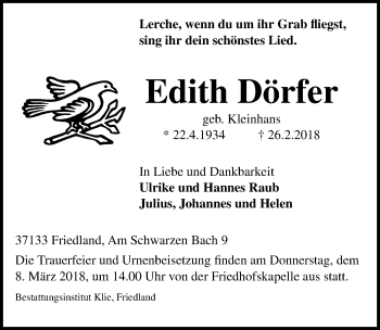 Traueranzeige von Edith Dörfer von Göttinger Tageblatt