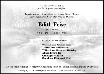 Traueranzeige von Edith Feise von Hannoversche Allgemeine Zeitung/Neue Presse