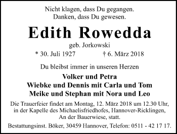 Traueranzeige von Edith Rowedda von Hannoversche Allgemeine Zeitung/Neue Presse