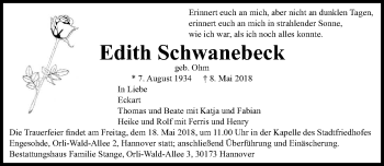 Traueranzeige von Edith Schwanebeck von Hannoversche Allgemeine Zeitung/Neue Presse
