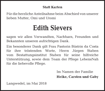 Traueranzeige von Edith Sievers von Kieler Nachrichten