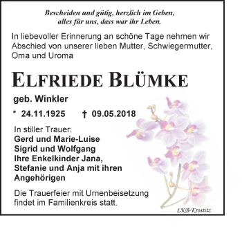 Traueranzeige von Elfriede Blümke von Leipziger Volkszeitung