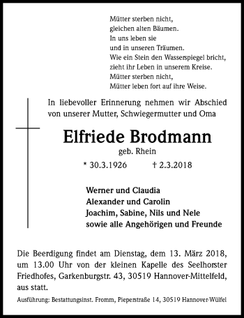 Traueranzeige von Elfriede Brodmann von Hannoversche Allgemeine Zeitung/Neue Presse
