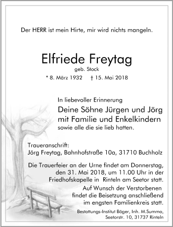 Traueranzeige von Elfriede Freytag von Schaumburger Nachrichten
