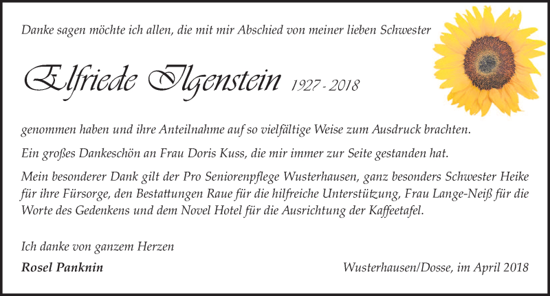 Traueranzeige für Elfriede Ilgenstein vom 07.04.2018 aus Märkischen Allgemeine Zeitung