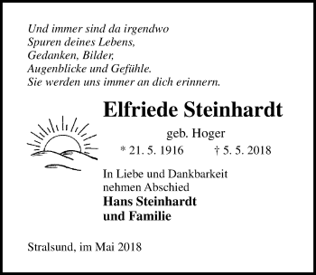 Traueranzeige von Elfriede Steinhardt von Ostsee-Zeitung GmbH