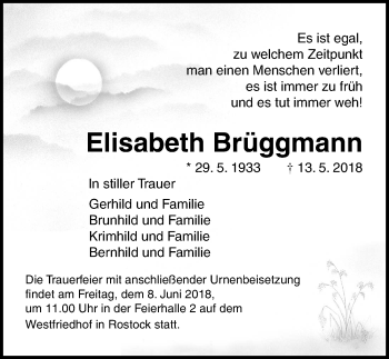 Traueranzeige von Elisabeth Brüggmann von Ostsee-Zeitung GmbH