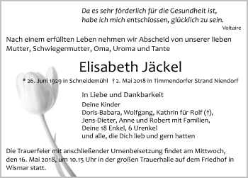Traueranzeige von Elisabeth Jäckel von Ostsee-Zeitung GmbH