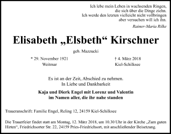 Traueranzeige von Elisabeth Kirschner von Kieler Nachrichten