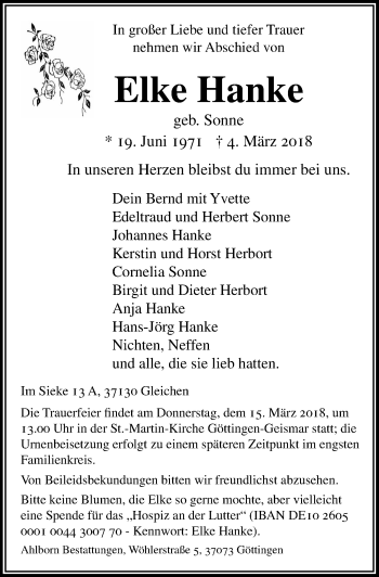 Traueranzeige von Elke Hanke von Göttinger Tageblatt