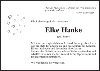 Traueranzeige von Elke Hanke von Göttinger Tageblatt