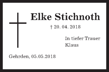 Traueranzeige von Elke Stichnoth von Hannoversche Allgemeine Zeitung/Neue Presse