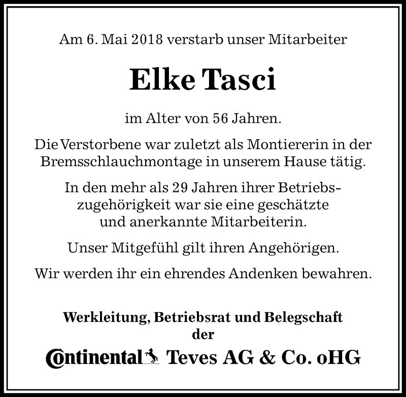  Traueranzeige für Elke Tasci vom 19.05.2018 aus Aller Zeitung