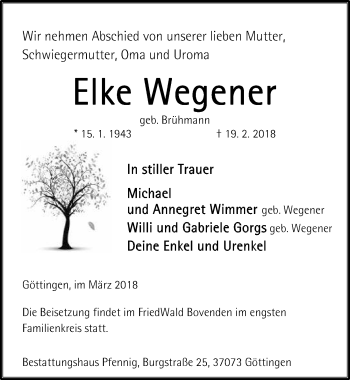 Traueranzeige von Elke Wegener von Göttinger Tageblatt