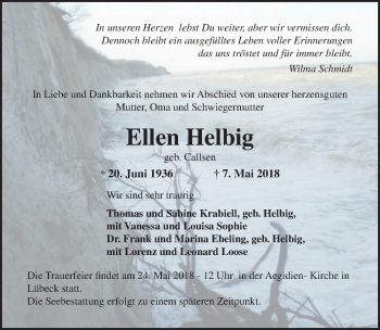 Traueranzeige von Ellen Helbig von Lübecker Nachrichten
