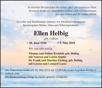 Traueranzeige von Ellen Helbig von Lübecker Nachrichten