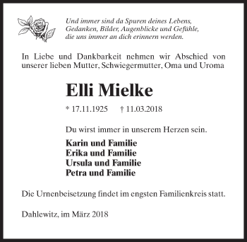 Traueranzeige von Elli Mielke von Märkischen Allgemeine Zeitung