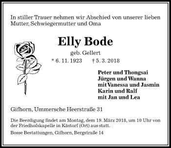Traueranzeige von Elly Bode von Aller Zeitung