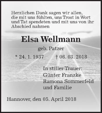 Traueranzeige von Elsa Wellmann von Hannoversche Allgemeine Zeitung/Neue Presse