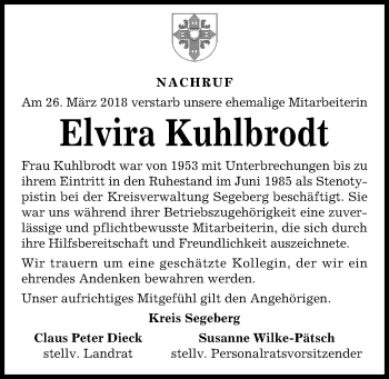 Traueranzeige von Elvira Kuhlbrodt von Kieler Nachrichten