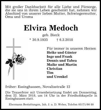 Traueranzeige von Elvira Medoch von Peiner Allgemeine Zeitung