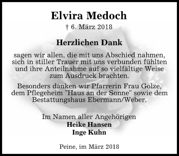 Traueranzeige von Elvira Medoch von Peiner Allgemeine Zeitung