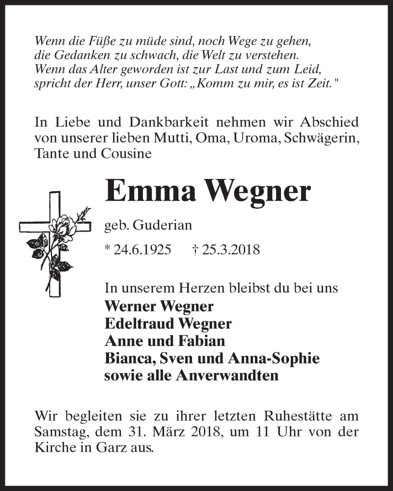 Traueranzeigen von Emma Wegner | trauer-anzeigen.de