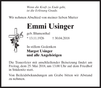 Traueranzeige von Emmi Usinger von Märkischen Allgemeine Zeitung