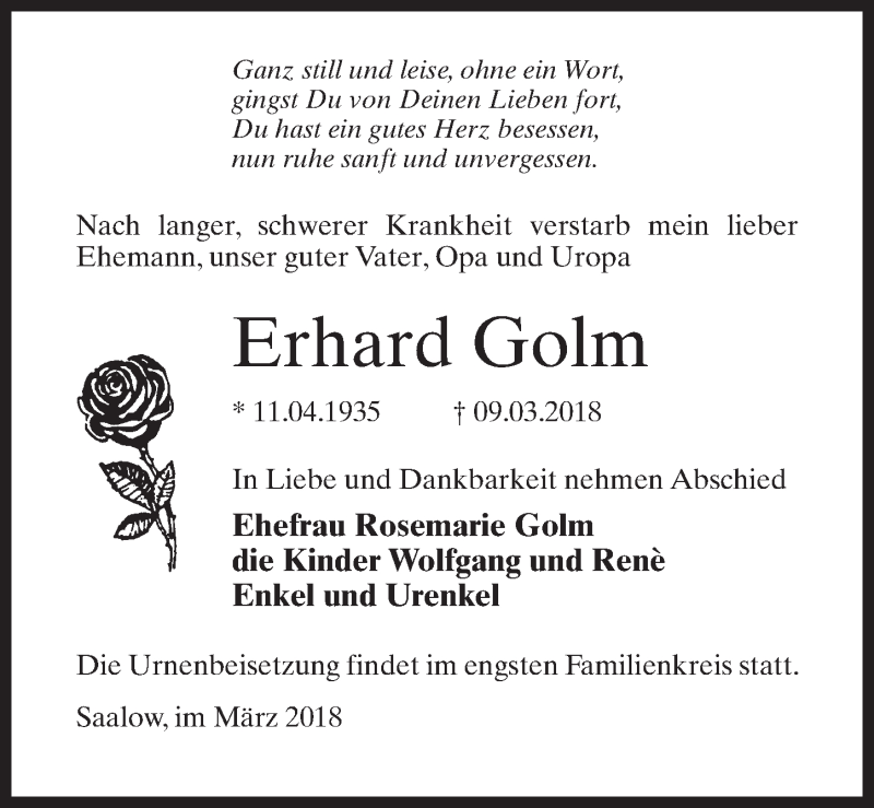  Traueranzeige für Erhard Golm vom 17.03.2018 aus Märkischen Allgemeine Zeitung