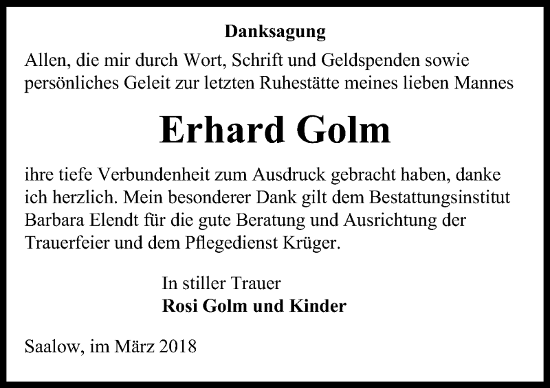  Traueranzeige für Erhard Golm vom 31.03.2018 aus Märkischen Allgemeine Zeitung